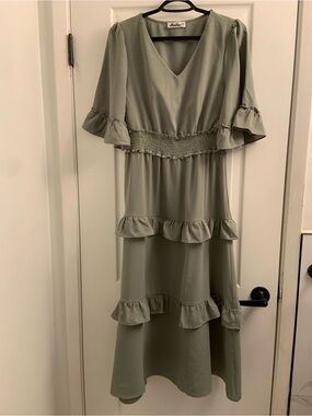 Ariella Sage Green Smocked Waist Ruffle Maxi Dress